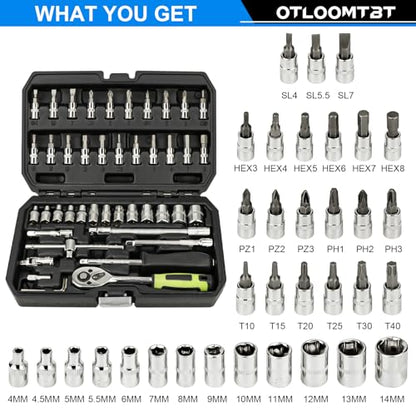 OTLOOMTBT 46PCS 1/4" Drive Socket Set, Ratchet Wrench Tool Kit | Metric Sockets, Bit Set, Extension Bars & Case for Auto Repair, Home DIY, Garage Maintenance and Everyday Fixes - style: 1/4 Inch Drive 46PCS