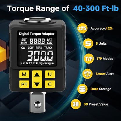 Heavy-duty Digital Torque Adapter, (±1% Accuracy, 40-300Ft-lb), 1/2" Digital Torque Wrench Adapter for Auto, Versatile Meter - Alert | Peak/Track | Preset | Store/Delete, for Machinery Repairs(406N.m) - style: 1/2' Drive 40-300 Ft-lb