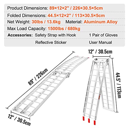 VEVOR 7.5ft Aluminum Ramps, 1500 lbs Folding Loading Ramps (2 pcs Set) for Pickup Trucks Bed, Trailers Ramp with Load Straps for Dirt Bike, UTV, ATV, Trucks, Lawn Mowers, Cargo Trailer, 89" L x 12" W - size: 1500lbs