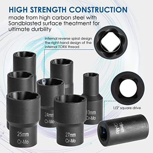 Lug Nut Removal Tool,13 PCS Lug Nut Extractor Set | 1/2 Inch Drive Bolt Extractor, Easy Out Lug Nut remover for Damaged, Frozen, Studs, Rusted, Rounded-Off Bolts & Nuts Screws - color: 13-piece