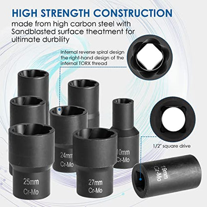 Lug Nut Removal Tool,13 PCS Lug Nut Extractor Set | 1/2 Inch Drive Bolt Extractor, Easy Out Lug Nut remover for Damaged, Frozen, Studs, Rusted, Rounded-Off Bolts & Nuts Screws - color: 13-piece