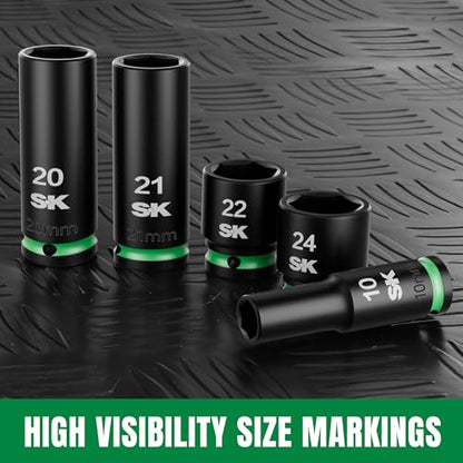 SK 1/2" Drive Impact Socket Set, 30-Piece Metric Sockets, CR-MO Steel | Deep 10mm to 24mm, Shallow 8mm to 24mm, SureGrip 6 Point Design, With Storage Case - size: 1/2"