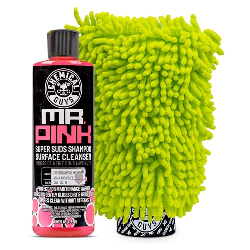 Chemical Guys, Mr. Pink Foaming Car Wash Soap & Chenille Mitt Kit, 16 oz | High-foaming Mr. Pink soap with a plush chenille mitt for safe, scratch-free contact washing, a starter combo - style: 16 Fl Oz + Wash Mitt