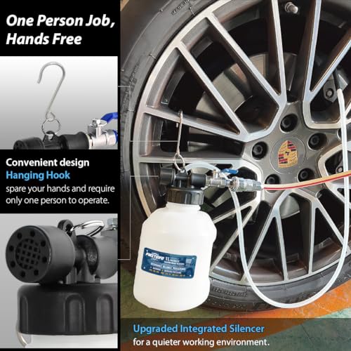 FIRSTINFO Patented 33 oz Vacuum Brake Bleeder, Hands-Free Operation | Pneumatic operation • Lever valve design • Universal rubber adapter • 59 in hose • Brake/clutch service • Made in Taiwan - size: 1L