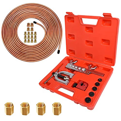 MuHize 1/4 in x 25 ft Brake Line Flaring Tool Kit – Automotive Repair Set | All-in-One Copper Tubing Kit with 16 Fittings, 4 Unions, Tube Cutter & Flaring Tool for Brake Fuel Hydraulic Systems - size: Gold Brake Line Kit