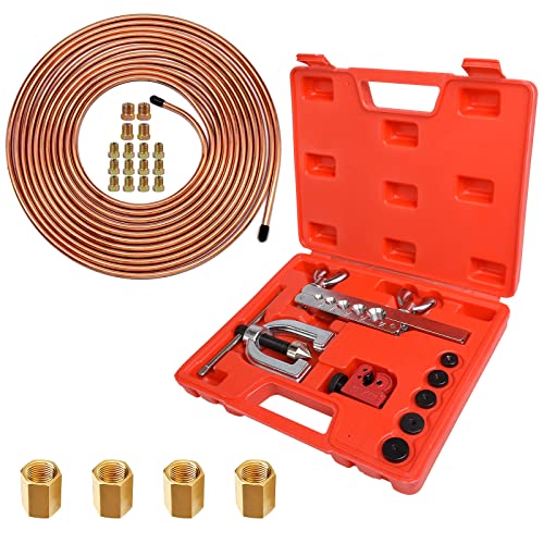 MuHize 1/4 in x 25 ft Brake Line Flaring Tool Kit – Automotive Repair Set | All-in-One Copper Tubing Kit with 16 Fittings, 4 Unions, Tube Cutter & Flaring Tool for Brake Fuel Hydraulic Systems - size: Gold Brake Line Kit