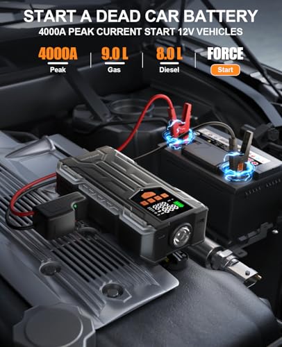 4000A Car Battery Jump Starter with Air Compressor, 150PSI Portable Battery Charger Jumper Starter for Car (9L Gas/8L Diesel) 12V Jump Box with Auto-Shutoff Tire Inflator, Power Bank and Jumper Cables