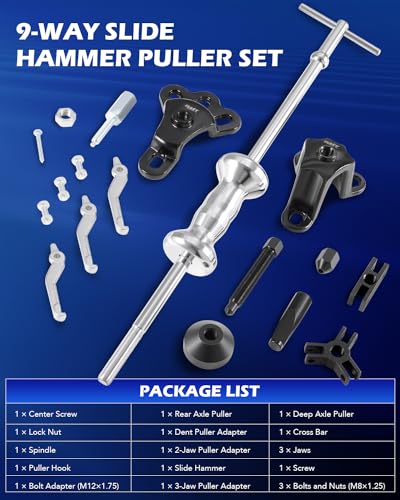 Orion Motor Tech 9-Way Slide Hammer Puller Set, Front Wheel Hub Bearing Remover & Rear Wheel Axle Hub Dent Shaft Puller Tool Kit - color: blue case