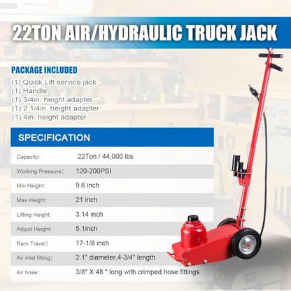 22 Ton Air Hydraulic Floor Jack Combo, Heavy-Duty Pneumatic Service Jack Set for Truck, SUV, Bus & Farm Equipment, Fast Lifting, Low Profile Air Jack for Shop & Garage