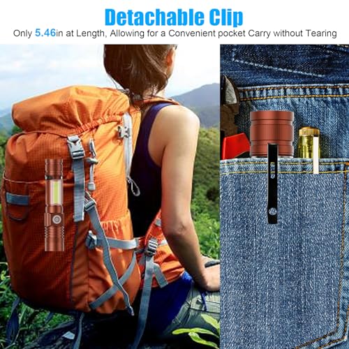 Hoxida Flashlight USB Rechargeable, Magnetic LED Flashlight, Super Bright LED Tactical Flashlight with Cob Sidelight, Waterproof, Zoomable Best Small LED Flashlight for Camping, Emergency - Brwon - color: Brown