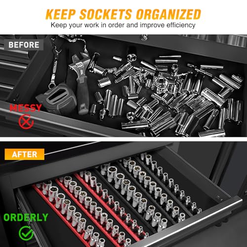 GOOACC Magnetic Socket Organizer 1/4" 3/8" 1/2" Socket Holder Set with 80 360° Swivel Clips Heavy Duty Aluminum Socket Rail Organizer for Tool Box Drawer, 6 Pieces Magnetic Drive Socket Rails Holders - size: Rail Magnetic 6PC 1/4"3/8"1/2" Red Black
