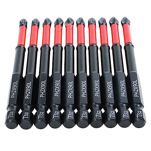 10 Pack PH2 Magnetic Anti-Slip Screwdriver Bits, 3.5 Inch | PH2 Long Phillips Bits with Anti-Slip Tip, Strong Magnetic Holding Impact-rated Durability Phillips #2 Bits for Impact Driver - size: Length:90mm