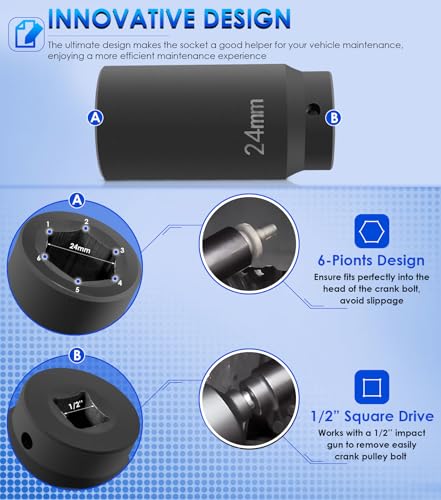 For GM LS 24mm Crank Bolt Socket 77070 Harmonic Balancer Socket Tool, 3 Times Momentum Power of Standard Impact Socket for Stronger Torque, Deep Counter-Weighted Design - size: 24mm