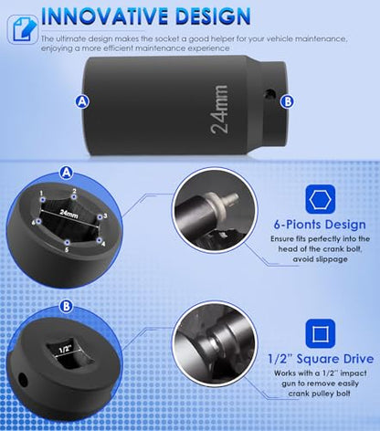 For GM LS 24mm Crank Bolt Socket 77070 Harmonic Balancer Socket Tool, 3 Times Momentum Power of Standard Impact Socket for Stronger Torque, Deep Counter-Weighted Design - size: 24mm