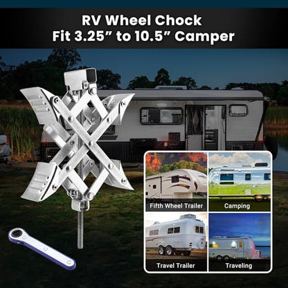 X-Shaped RV Wheel Chock Fit 3.25” to 10.5” Camper Wheel Chock Stabilizer Scissor with Accessories Pair for Travel Trailer, Heavy Duty Tire Wheel Chock Scissor Locking X Chock, 1Pack - size: 10.5inch 1pc