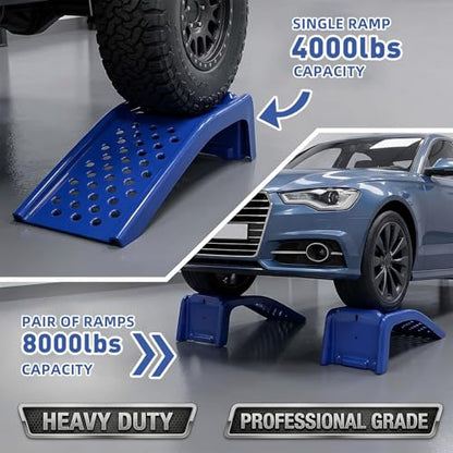 Heavy Duty Car Ramps for Oil Changes, 2 Pack Solid Steel Vehicle Ramps, 8,000 LBS Capacity Per Pair, 35" x 12" x 9.5", Auto Service Ramps, 9" Tire Track Width, Traction Hole Surface, Blue - color: Blue