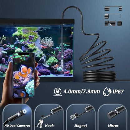 Endoscope Camera with Light,1920P HD Borescope Tools with 8 Adjustable LED Lights, Endoscope with Semi-Rigid Snake Camera, IP67 Waterproof Inspection Borescope for iOS and Android-16.4ft Dual-Lens - size: 16.4ft, style: Dual-Lens