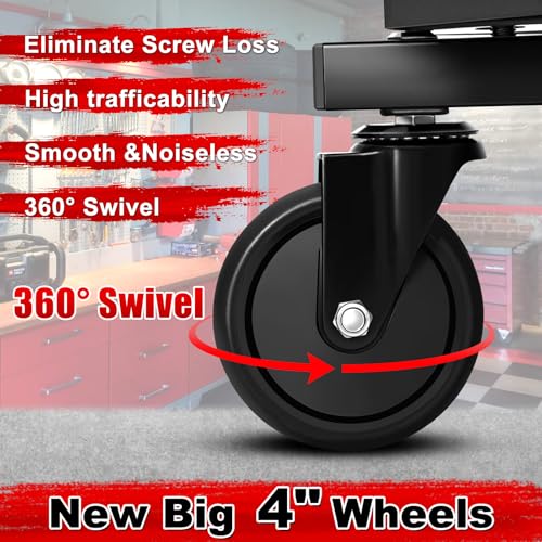 Rolling Stool with Wheels, Adjustable Height Pneumatic Garage Work Mechanic Stool Seat with Backrest, 400 LBS Capacity 360° Swivel Mechanic Crepper Chair with Tool Tray Storage, Red - color: Red