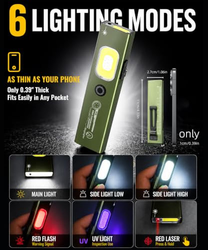Flat EDC Flashlight Rechargeable, Lightweight 1.59oz Clip-On Flashlight with Magnetic Base, 550 Lumens Work Light, UV Light and Red Laser for Repair, Inspection, Camping,Emergency,Gifts for Men - color: Green