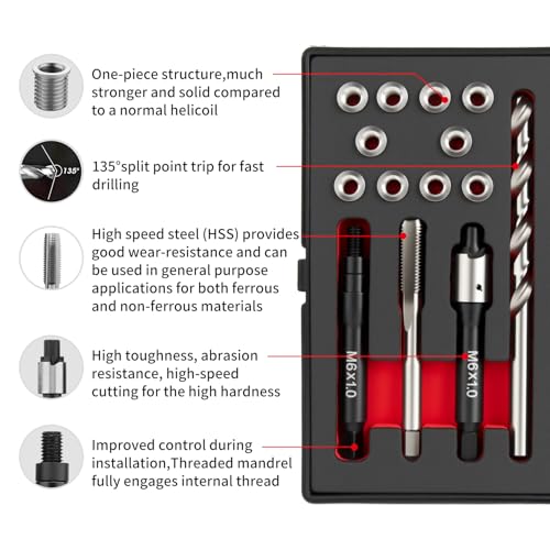M6X1.0 Thread Repair Kit with 9.4mm Insert HSS Drill, Tap, Installation Driver, Counterbore, Stainless Steel Insert M6X1.0X9.4mmX10 PCS