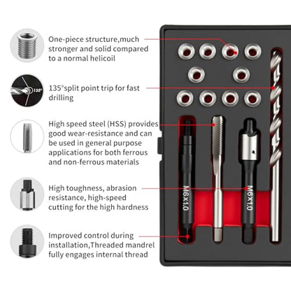 M6X1.0 Thread Repair Kit with 9.4mm Insert HSS Drill, Tap, Installation Driver, Counterbore, Stainless Steel Insert M6X1.0X9.4mmX10 PCS