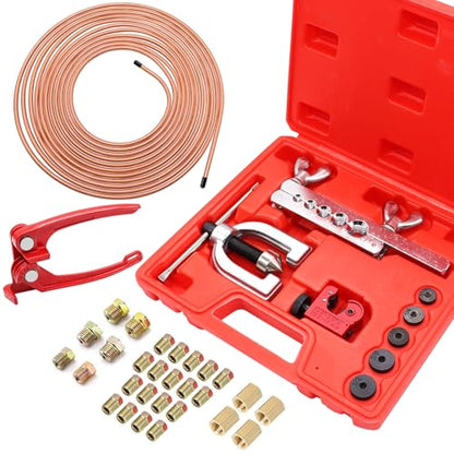 25 ft 3/16inch Copper Coated Brake Line Kit(Includes 24 Fittings and 4 Unions) with Tube Bender and Double & Single Flaring Tool Kit - size: 3/16 Inch Gold, style: Brake Line Kit & Tube Bender