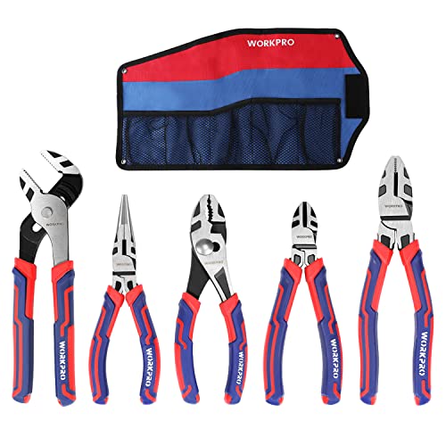 WORKPRO Pliers Set, 5-Piece Premium Cr-V Pliers Kit with Storage Pouch | 6 Inch Slip Joint, Long Nose, Diagonal Cutter, 8 Inch Groove Joint, 7 Inch Linesman, Ergonomic Grip, for Basic Repair - size: 5-piece