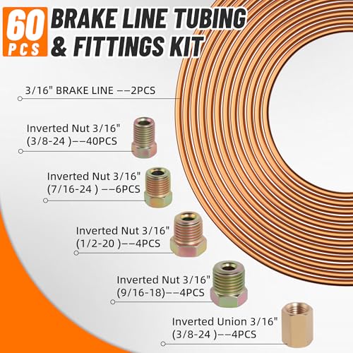 2 Sets 25 FT 3/16" Brake Line Tubing Assortment Kit with 60 Pcs Brake Line Fittings(3/8 Inch-24 Threads Nuts and Unions,7/16 Inch-24 Thread,1/2 Inch-20 Thread,9/16 Inch-18 Thread Nut) - size: 3/16"