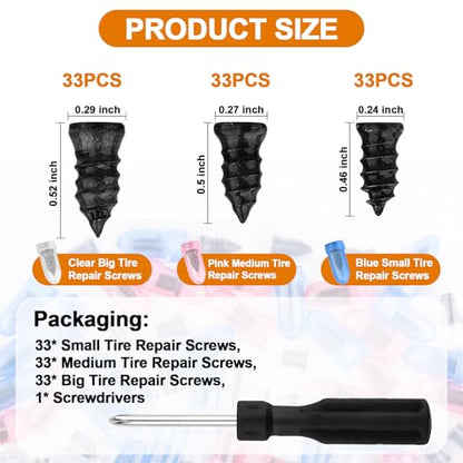 Tire Plug Kit 100PCS Tire Repair Screws,Include 3 Sizes of Screw in Tires Plugs & Screwdriver