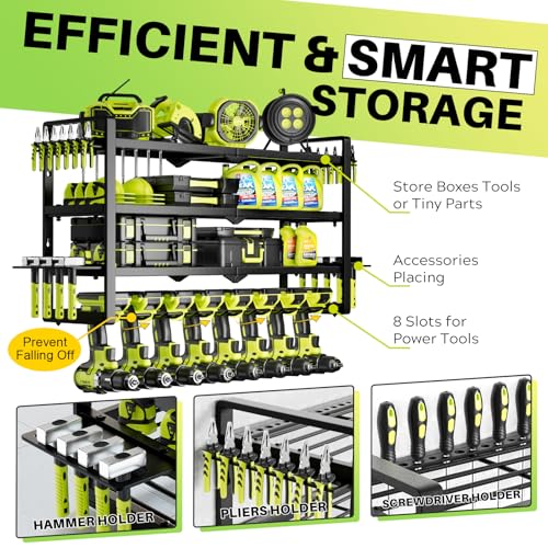 Large Power Tool Organizer Wall Mount, Garage Storage Cordless Tool Organizer with Screwdriver Holder, Heavy Duty Metal Storage Rack with 8 Drill Holder 4 Layer, Gifts for Men Who Have Everything