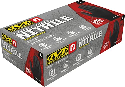Mechanix Wear 5 Mil Nitrile Disposable Gloves with High Dexterity, Latex Free, Powder Free, Nitrile Rubber Gloves, Textured Grip, 100 pack, Cleaning and Mechanic Work Gloves (Black 5 Mil, X-Large) - color: Black, size: X-Large