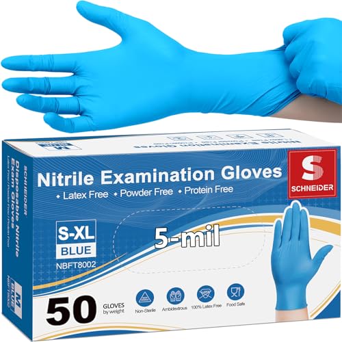 Schneider Nitrile Exam Gloves, 5 Mil, Medical Grade, Latex-Free, Powder-Free Disposable Gloves for Medical Exams, Food Safe, Cleaning and Food Prep, Blue, 50 Count, Medium - color: Blue (50), size: Medium