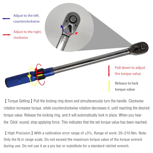 5 PCS 1/2 Inch Drive Click Torque Wrench, 20-210 Nm Dual-Direction Adjustable 72 Tooth Torque Wrench with 17, 19, 21mm Sockets for Car Engine Repair Suspension System Tire Bolt Tightening