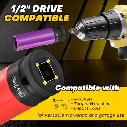 Ultimate Wheel Protector Impact Socket Set | 1/2'' Drive Lug Nut Socket, Non-Marring Thin Wall Design, CR-V Alloy,Color-Coded Protective Sleeve,6-point(15 17 19 21 22 mm)