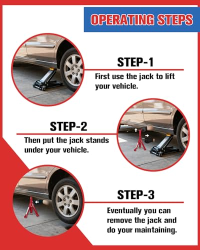 3 Ton Foldable Jack Stands (6,600 LBs) - Heavy Duty Car Jack Stand for Trucks&SUV&DIY- Adjustable Height 11.42"-16.06" with Safety Pin - Ideal for Home Garage, Workshops, UTV/ATV - Red, 1 Pair - size: 3 Ton Foldable Jack Stands