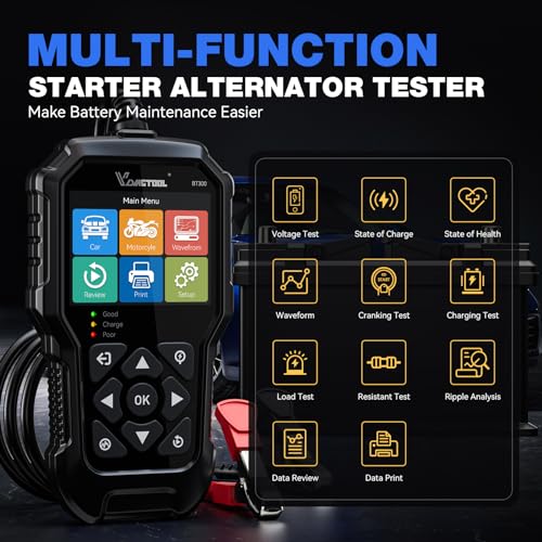 Car Battery Tester 12V 6V VDIAGTOOL BT300, 5-3000 CCA Load Tester Starter Alternator Tester Automotive Charging Cranking System Tester for Motorcycle Car Truck SUV ATV Boat