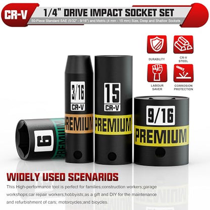 1/4" Drive Impact Socket Set, 50-Piece Standard SAE (5/32" - 9/16") and Metric (4 mm - 15 mm) Size, Deep and Shallow Sockets, Cr-V Steel, 6 Point, Auto Repair Bicycle Maintenance - size: 1/4"50pcs