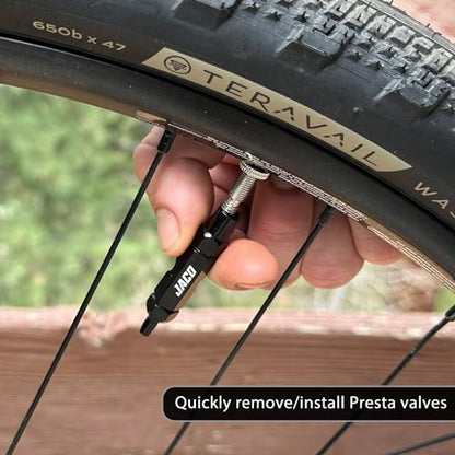 JACO Presta Valve Core Repair Kit for Bike Tires | with (12X) Replacement Valve Cores, (4X) Valve Caps, and Valve Removal Tool