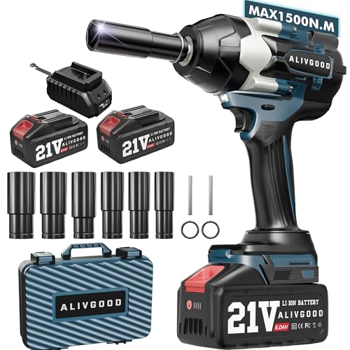 Upgrade 1500N.m/1150 Ft-lbs Cordless Impact Wrench, 2x 5.0AH Battery, 1/2 Inch Electric Impact Gun, Fast Charger, Power Impact Wrench for Truck RV Heavy-duty, 6 Sockets(17mm,18mm,19mm,21mm,22mm,24mm) - style: 1500N.m/1150Ft-lbs