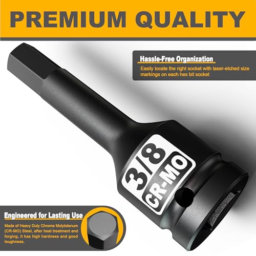 1/2" Drive H3/8-Inch Impact Hex Bit Socket, SAE Allen Bit Socket, Cr-Mo Steel, Removing Loosening Hexagon Bolts - size: 1/2" H3/8 Deep