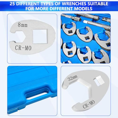 26Pcs Crows Foot Wrench Set 1/2" and 3/8” Drive Flare Nut Crowfoot Set | Metric 8-32mm 6 Point Crows Feet Wrenches, Flare Nut Wrench Kit for Removing Nuts from Hard-to-Reach Areas - color: 26pcs