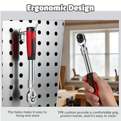 3-Piece Extendable Ratchet Wrench Set, 1/4", 3/8", 1/2" Drive, 72-Tooth Quick-Release Reversible Socket Wrench, Chrome-Plated & Polished, Heavy-Duty Mechanics Tool Set with Storage Tray