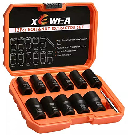 XEWEA 12PCS Lug Nut Remover Set, 1/2-Inch Drive Stripped Wheel Lock Removal Extractor Twist Socket Kit for Removing Damaged, Frozen, Rusted, Studs, Rounded-Off Bolts Nuts Screws - color: 12pcs 1/2" Drive