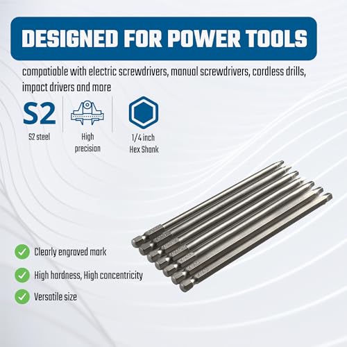 VESTTIO Square Head Screwdriver Bit Set 7PCS SQ1 SQ2 SQ2.5 SQ2.74 SQ3 SQ4 SQ5 1/4 Inch Hex Shank 6 Inch/150 mm S2 Steel with Magnetic for Power Screwdriver Drill Impact Driver - size: 7 SQ / 6 inch