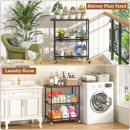 3 Tier Rolling Utility Kitchen Cart on Wheels, Heavy Duty Wire Rolling Cart with Wooden Top, Commercial Metal Serving Cart with Handle, Kitchen Island Food Storage Trolley for Laundry, Office, Garage - color: Wooden-black