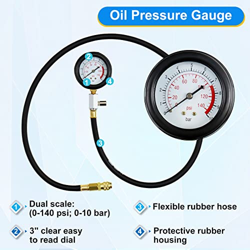 JoyFans Oil Pressure Tester Tool, 0-140PSI Oil Pressure Gauge Kit for Fuel System Mechanical Sensor Engine Cylinder Compression Test with Hose Adapters for Cars ATVs Trucks Use Black Case - color: Black Suitcase