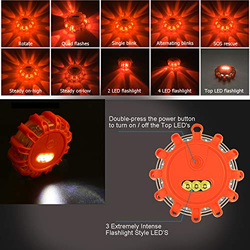 Tobfit 3 Pack LED Road Flares Emergency Lights Roadside Safety Beacon Disc Flashing Warning Flare Kit with Magnetic Base & Hook for Car Truck Boats | 9 Flash Modes (Batteries Not Included) (3) - color: 3 Sets