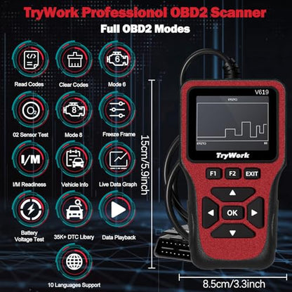 OBD2 Scanner Diagnostic Tool, Check Engine Code Reader with 35901 DTC Lookup, Mode 6 & 8, I/M Readiness for All OBDII Cars Since 1996 (Red) - color: Red