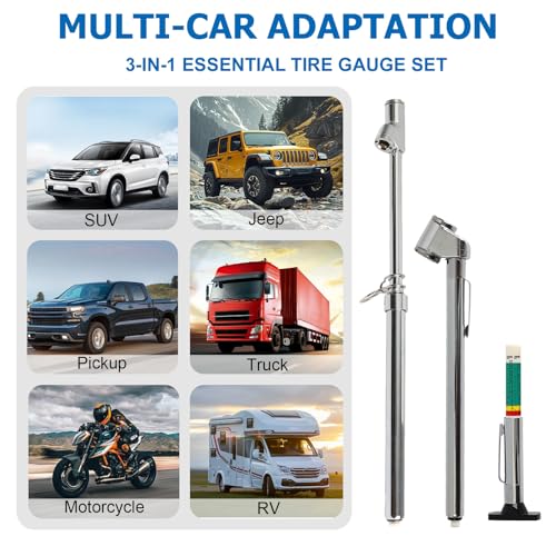 Tire Gauge for Semi Truck Straight-on Pencil Gauge with Tread Depth Gauge | Heavy Duty Dual Head Tire Pressure Gauge,10-150PSI 10-120PSI Pencil Tire Checker Extended Tube for Semi Truck Car