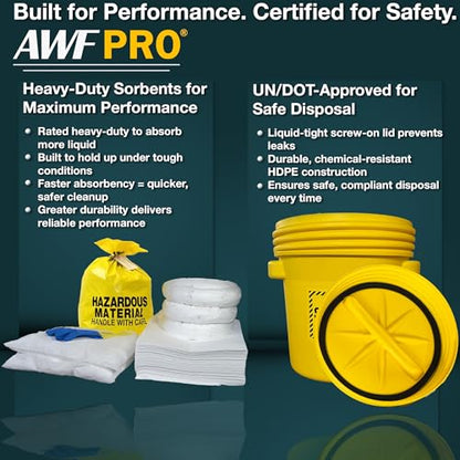 AWF PRO 20 Gallon Oil Only Spill Kit, 59 Pieces | Includes DOT Approved 20 Gallon Drum, Sorbent Socks, Pads, & Pillows, & Accessories - size: Oil Only Spill Kit
